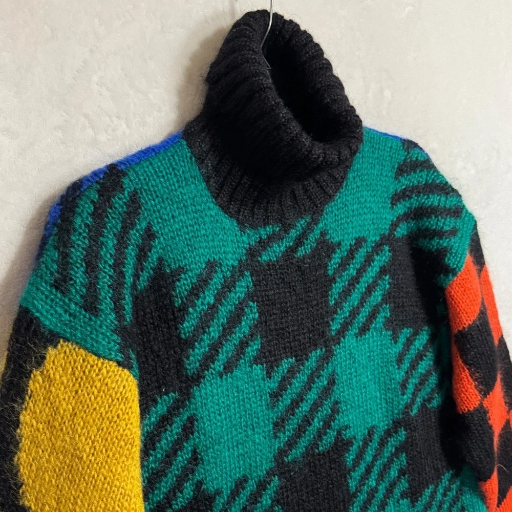 NWT Vintage Fuzzy Mohair Turtleneck Sweater M L Bold Colorblock‎ Plaid Graphic